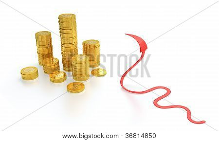 Moedas de ouro e a serpente de seta vermelha
