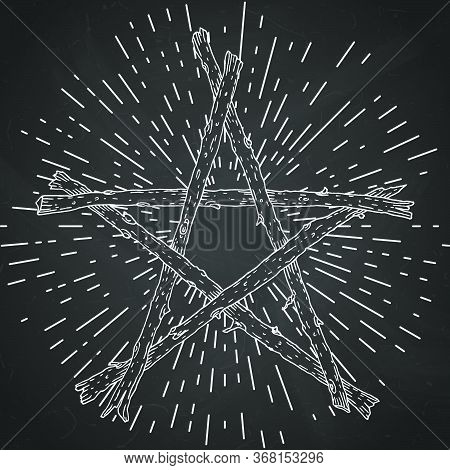 Hand Drawn Wooden Sticks Pentagram With Rays Of Light, Magic Occult Wicca Star Symbol. Vector Illust