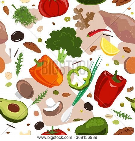 Stylish Seamless Pattern With Hand Drawn Red And Green Vegetables. Flat Pepper, Tomato, Broccoli, On