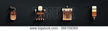 Set Computer Mouse, Office Chair, Calendar And Marker Pen Icon With Long Shadow. Vector.
