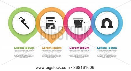 Set Pipe Adjustable Wrench, Well, Bucket And Industry Metallic Pipe. Business Infographic Template. 
