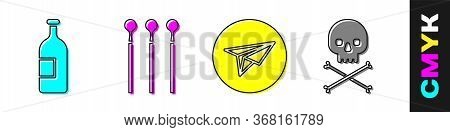 Set Alcohol Drink Bottle, Matches, Messenger And Skull On Crossbones Icon. Vector.