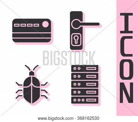 Set Server, Data, Web Hosting, Credit Card, System Bug Concept And Door Handle Icon. Vector.