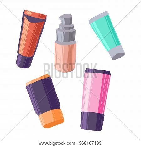 Hand Drawn Cosmetics Set. Professional Makeup Concealer, Highlighter, Bb-cream And Foundation In Tub