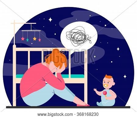 Depressed Woman With Newborn Flat Vector Illustration. Sleepy Tired Young Mom Sitting Near Bed And B
