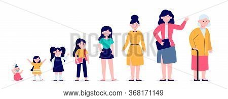 Smiling Woman In Different Age. Lady, Infancy, Mother Flat Vector Illustration. Growth Cycle And Gen