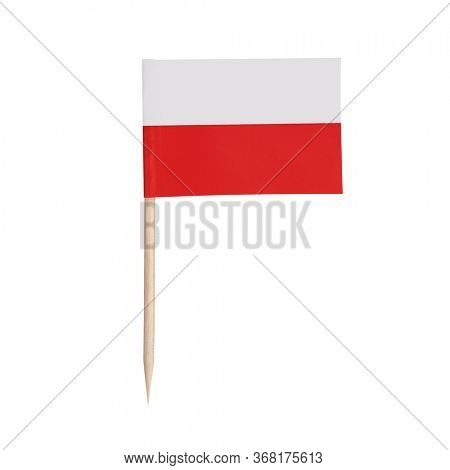 Miniature paper flag Poland. Isolated Polish toothpick flag pointer on white background.
