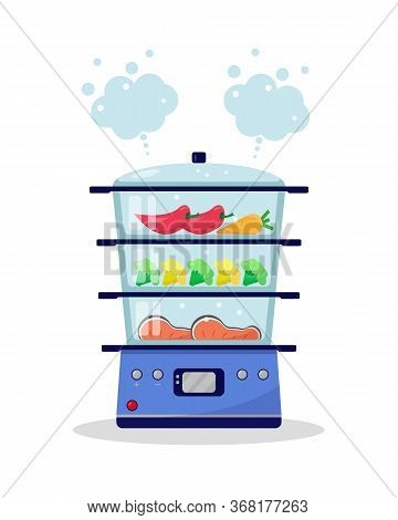 Steamer With Food. Vegetables And Fish Are Cooked In A Steamer. Cooking In A Steamer Concept. Vector