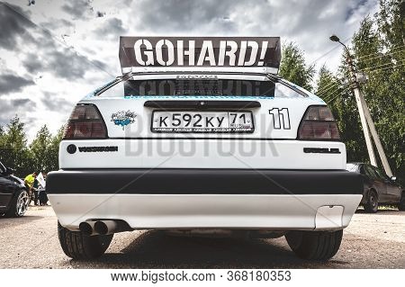 Moscow, Russia - July 06, 2019: White Volkswagen Golf 2 Powerfully Tuned For Racing With A Roll Cage