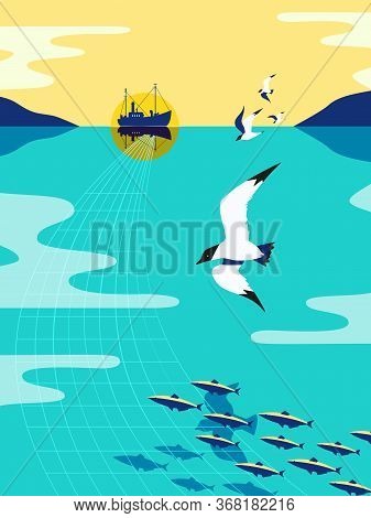Nautical Vintage Poster. Seagull Flight Minimal Style. Flying Sea Bird Fishing For Herring. Commerci
