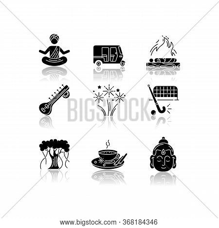 Indian Customs Drop Shadow Black Glyph Icons Set. Religious Ceremonies. Buddha. Sitar Instrument. Yo