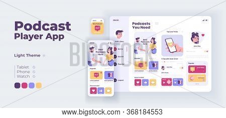Podcasts Player App Screen Vector Adaptive Design Template. Blogging Application Day Mode Interface 