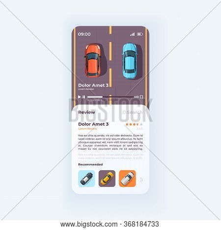 Auto Review Smartphone Interface Vector Template. Automobile News Mobile App Page Light Design Layou