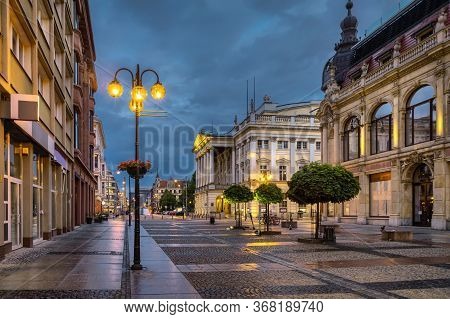 Wroclaw, Poland, View Of Pedestrian Swidnicka Street At Dusk Close To Wroclaw Opera Building