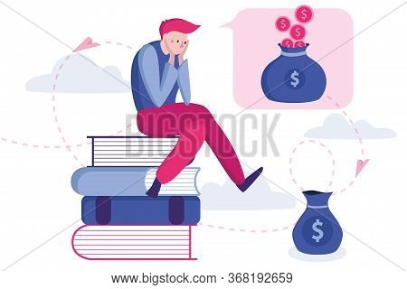 Money Problem And Financial Trouble Vector Illustration. Frustrated Man Doesn't Know How To Make Mon