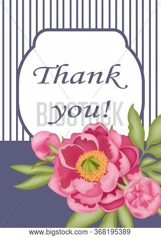 Greeting Card With Pink Peonies And Green Leaves, On A Blue Background, Stock Vector Illustration Wi