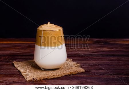 Dalgon Coffee In A Glass Loom Made Of Instant Coffee, Sugar, Hot Water And Milk, A New Trendy Cold D