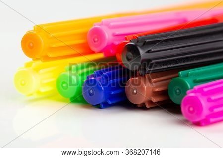 Colorful Pencils Painting Multicolored Lined For Painting Isolated On The White Desk