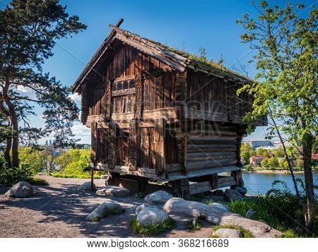 Old wooden house in Skansen Park in Sweden
