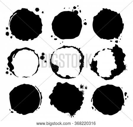 Coffee black stains. Dirty cup splash ring stain or coffee stamp, dirt watercolor latte or tea spots. Coffee ring stain for card, logo, list, menu