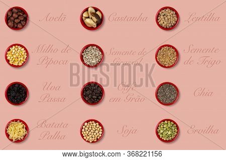 Red Bowl With Culinary Ingredients With Explanatory Text In Portuguese On Light Brown Background