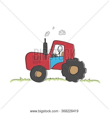 Driving A Tractor On Farm. Happy Tractorist. Farming And Agriculture. Hand Drawn. Stickman Cartoon. 