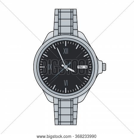 Grey сlassical Stylish Man Wristwatch. Vector Flat Illustration