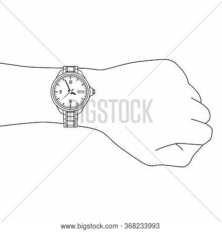 Outline сlassical Stylish Man Wristwatch On Hand. Vector Flat Illustration