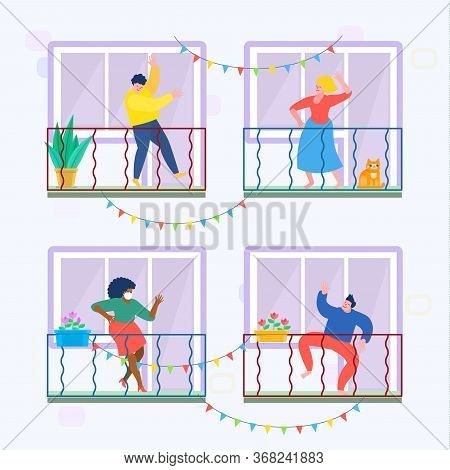 Concept Of Quarantine. People Staing At Home And Dance On Their Balconies. Stay Home Concept. Self I