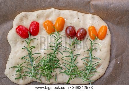 Home Made Gardenscape Focaccia Bread On A Table
