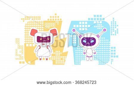 Good And Bad Bots Thin Line Concept Vector Illustration. Futuristic Robots Arguing 2d Cartoon Charac