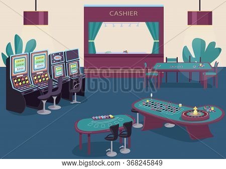 Gambling Flat Color Vector Illustration. Slot And Fruit Machines Row. Green Table To Play Poker. Bla