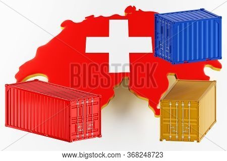 3d Map Of Switzerland. Freight Shipping In Containers. Export From The Country In Containers. 3d Ren