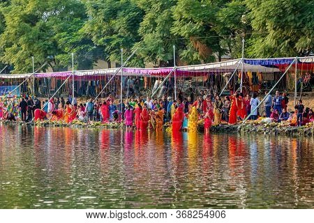 Kathmandu,nepal - November 1,2019: Hindu Devotees Celebrating Chhath Puja Festival At Kamal Pokhari,