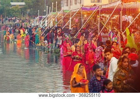 Kathmandu,nepal - November 1,2019: Hindu Devotees Celebrating Chhath Puja Festival At Kamal Pokhari,