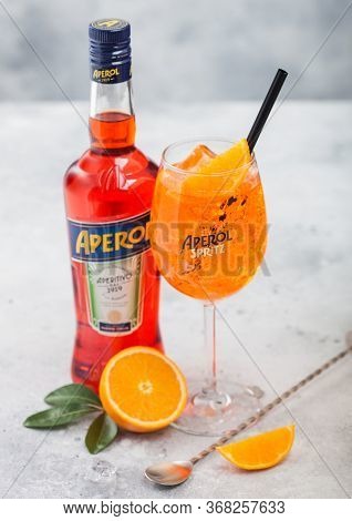 London, Uk - May 20, 2020: Bottle Of Aperol Aperitivo Summer Cocktail Drink With Original Glass With