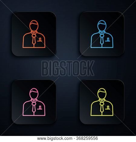Color Neon Line Businessman Or Stock Market Trader Icon Isolated On Black Background. Set Icons In S