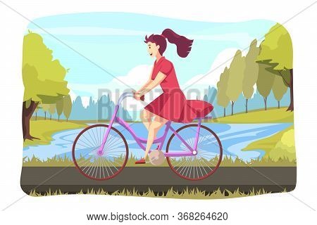 Cycling, Sport, Biking, Leisure Time Concept. Young Happy Woman Or Girl Character Riding Bicycle At 