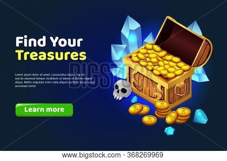 Find Treasure Cartoon Poster With Chest Of Gold And Jemstones Vector Illustration