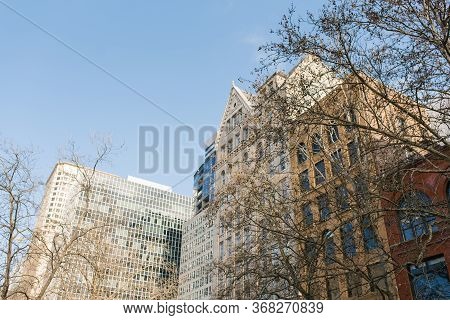 Seattle, Washington, Usa. March 2020. Buildings In The Pioneer Square Area