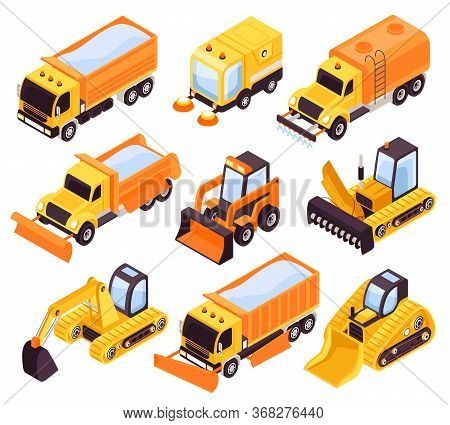 Road Cleaning Vehicles Isometric Yellow Set With Street Sweeper Washers Snowplow Clearance Bulldozer