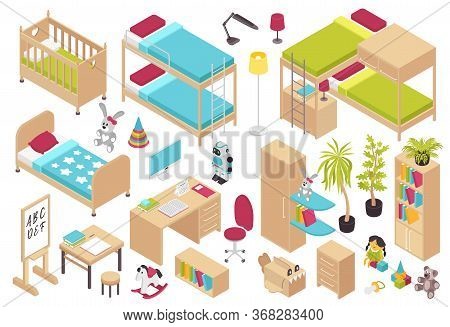 Furniture For Children Room Isometric Set Of Desk Cot  Wardrobe Book Ruck Bunk Bed Isolated Icons Ve