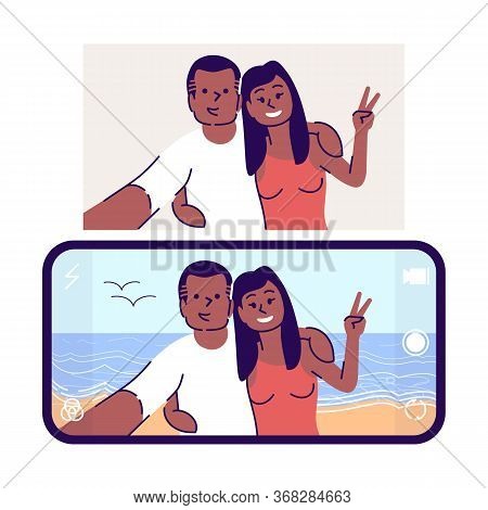 Selfie Flat Vector Illustration. Couple In Love Taking Self Photo On Beach. Romantic Man, Woman Port