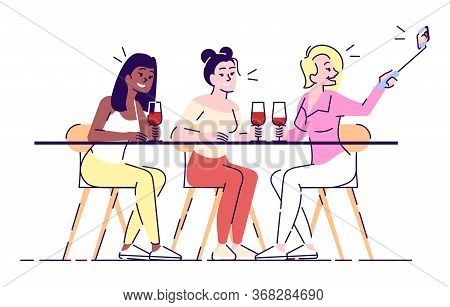 Selfie Flat Vector Illustration. Three Smiling Women At Table With Wine Glasses Taking Self Photo On