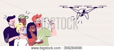 Selfie Flat Vector Illustration. Happy People Shooting With Drone. Capturing Bright Moments. Group O