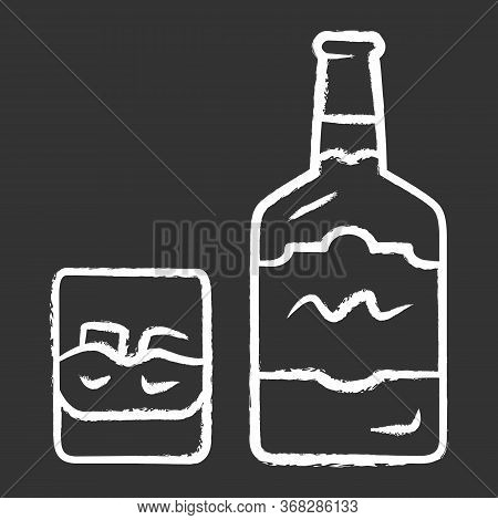 Whiskey Chalk Icon. Bottle And Old Fashioned Glass With Drink And Ice. Scotch, Rum Shot. Distilled A