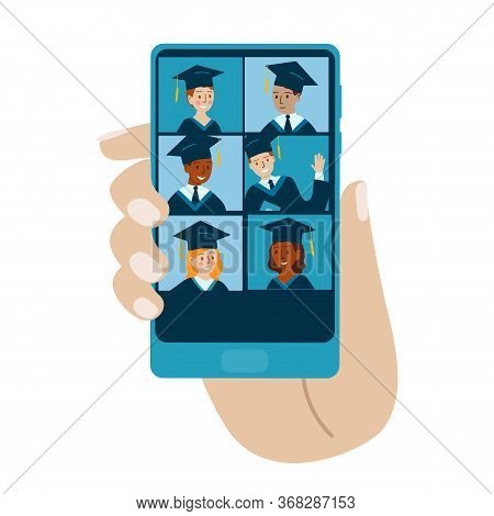 Teleconference In Phone. Class Of 2020 Online Virtual. Graduation Video Conference. College Or Unive