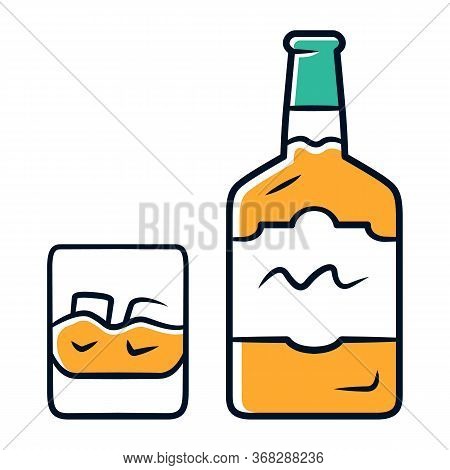 Whiskey Orange Color Icon. Bottle And Old Fashioned Glass With Drink And Ice. Scotch, Rum Shot. Dist