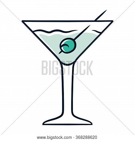 Martini Blue Color Icon. Footed Glass With Drink And Olive. Cocktail With Gin And Vermouth. Refreshi