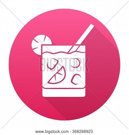 Cocktail In Lowball Glass Red Flat Design Long Shadow Glyph Icon. Alcohol Cold Drink In Old Fashione
